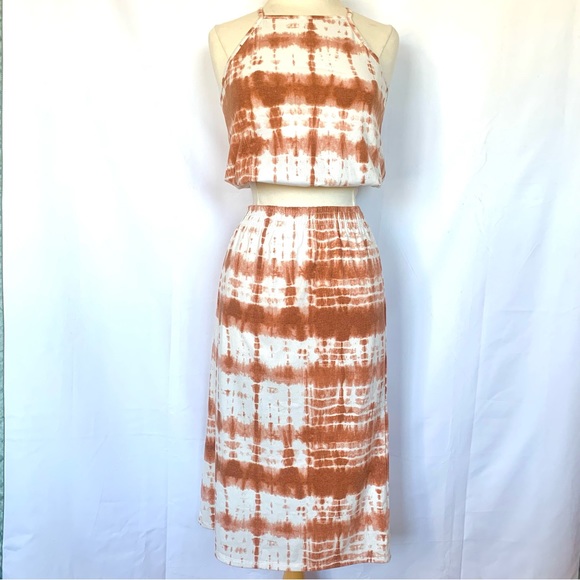 LARK + GREY 2-PIECE CROP TOP MIDI SKIRT WHITE/BURNT ORANGE TIE-DYE DRESS NEW SzS - Picture 1 of 8